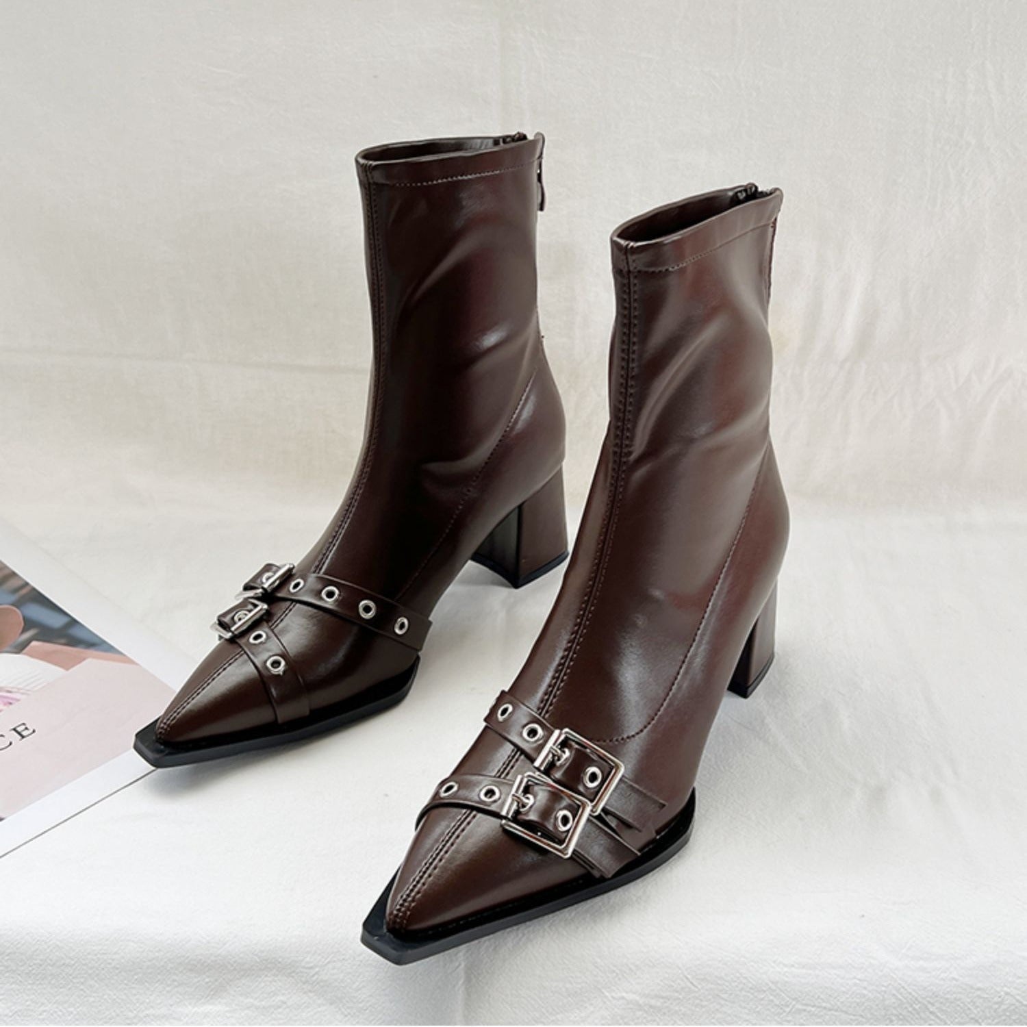 Double-Buckle Pointed-Toe Ankle Boots