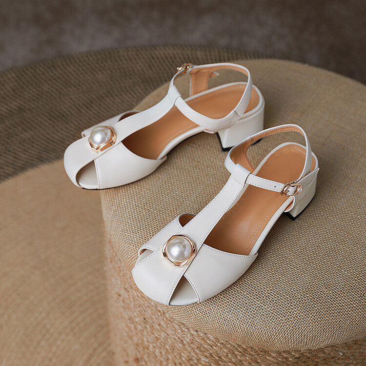 Pearl-Embellished Block Heel Sandals