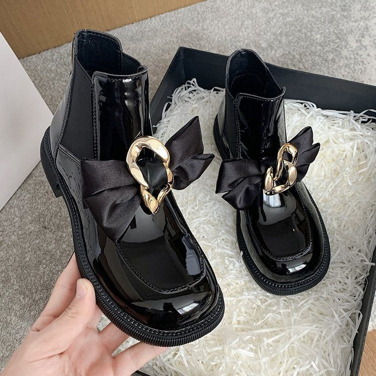 Black Patent Ankle Boots with Bow & Gold Chain