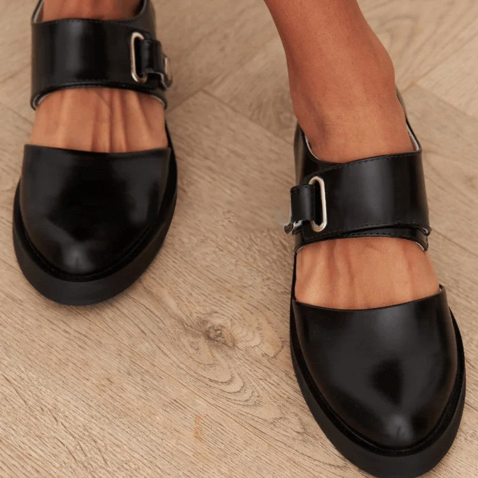 Modern Buckle Strap Flats β Black & White