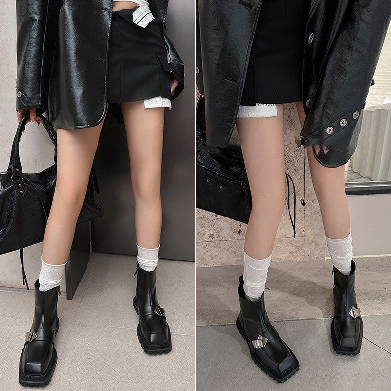Chunky Square-Toe Ankle Boots β Black