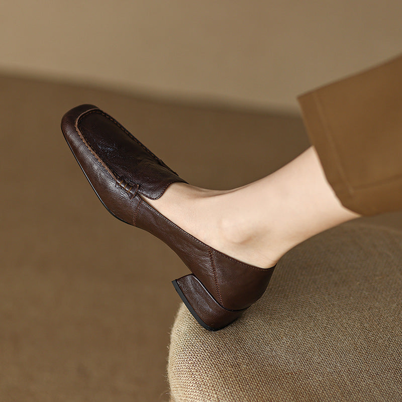 Sheepskin Leather Block Heel Loafers