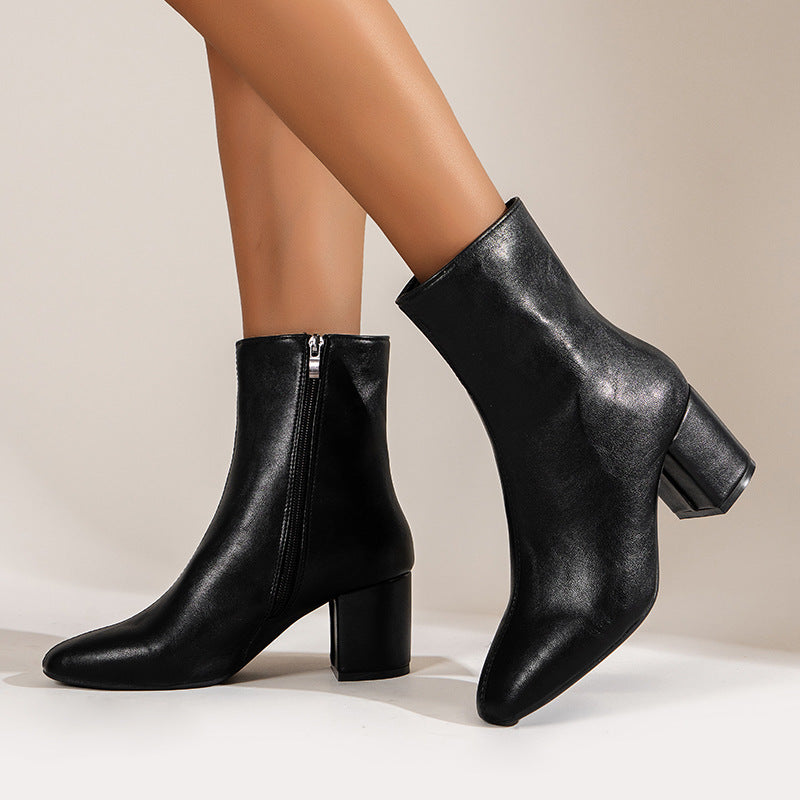 Elegant Block Heel Ankle Boots with Side Zipper