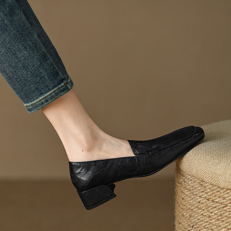 Sheepskin Leather Block Heel Loafers