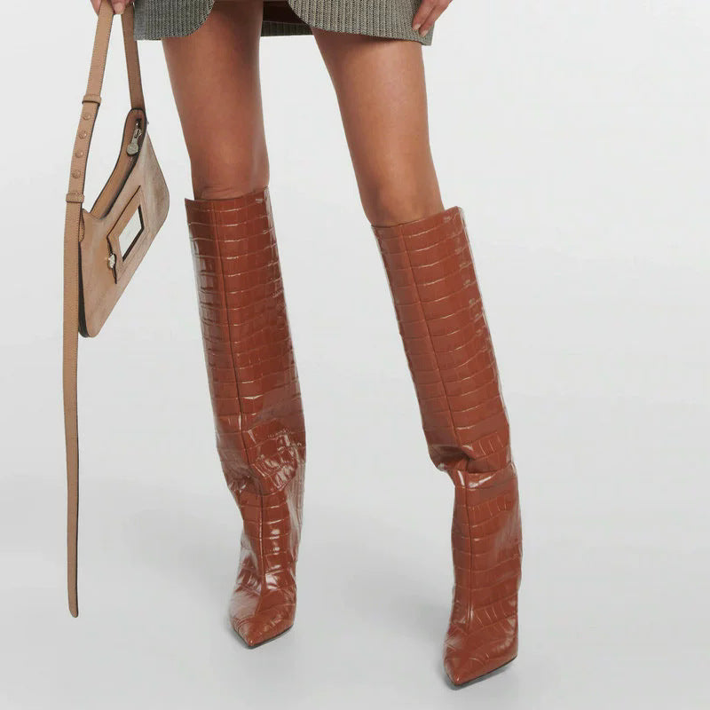 Croc-Embossed Knee-High Boots