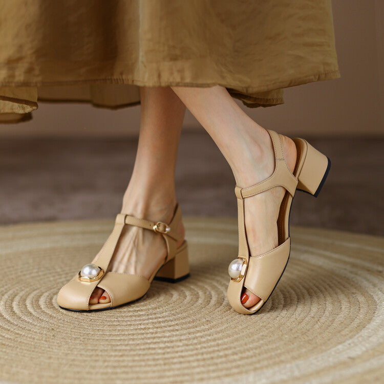 Pearl-Embellished Block Heel Sandals