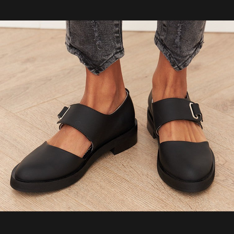 Modern Buckle Strap Flats β Black & White