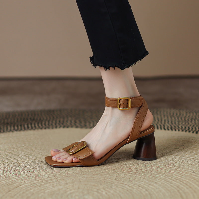 Gold-Buckle Ankle Strap Heeled Sandals