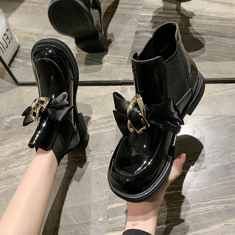 Black Patent Ankle Boots with Bow & Gold Chain