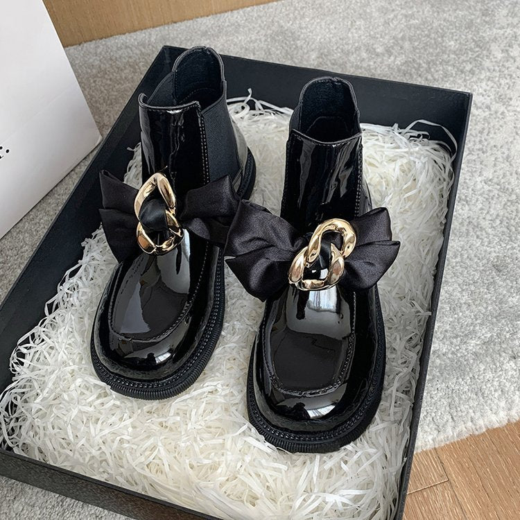 Black Patent Ankle Boots with Bow & Gold Chain
