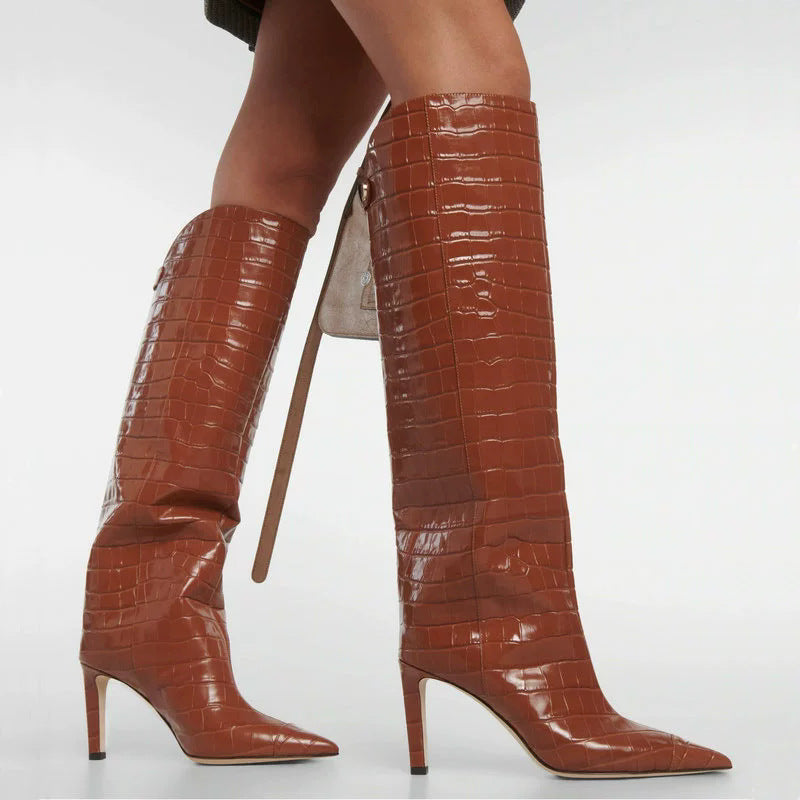 Croc-Embossed Knee-High Boots