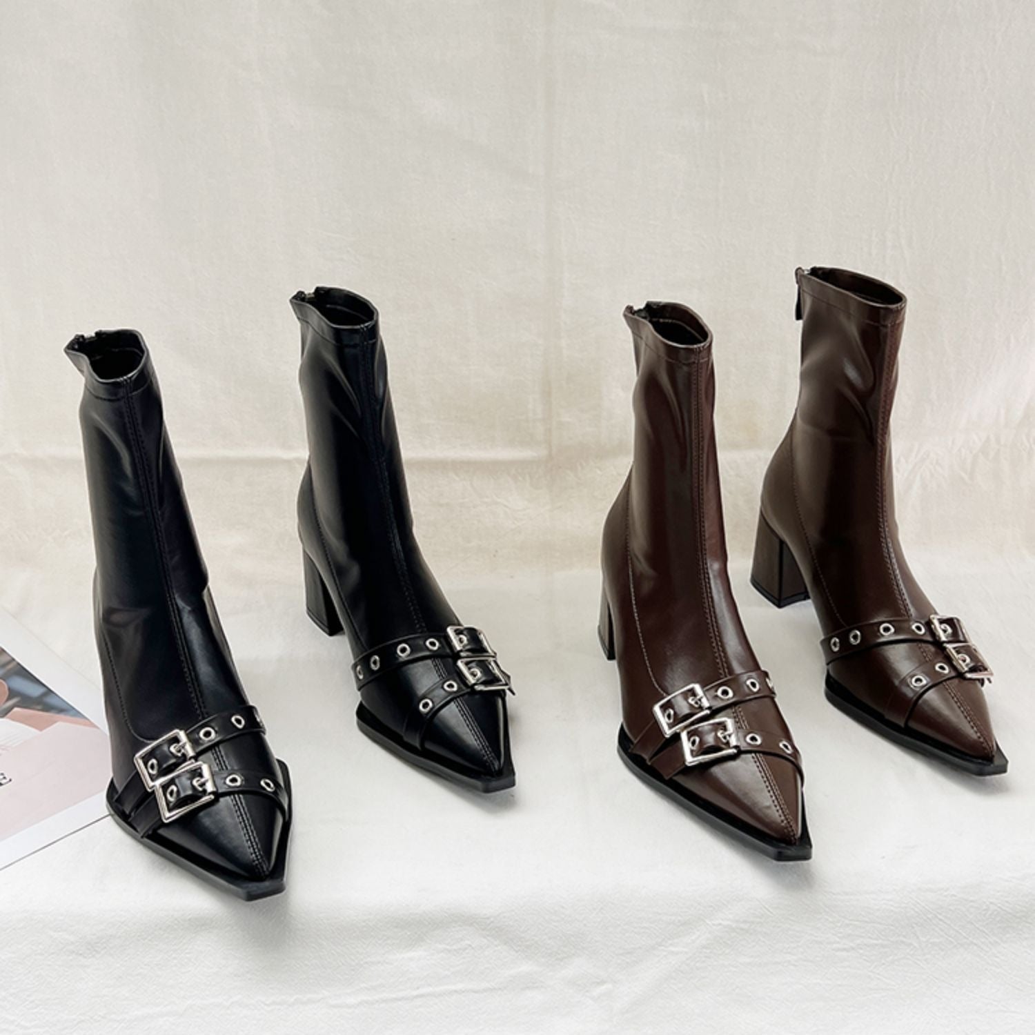 Double-Buckle Pointed-Toe Ankle Boots