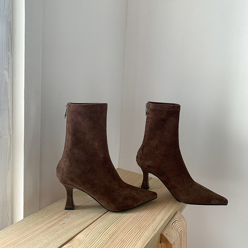 Suede Sock Ankle Boots with Flared Heel