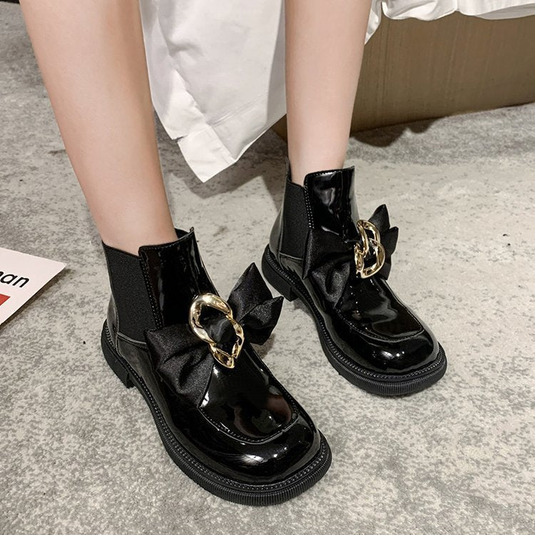 Black Patent Ankle Boots with Bow & Gold Chain