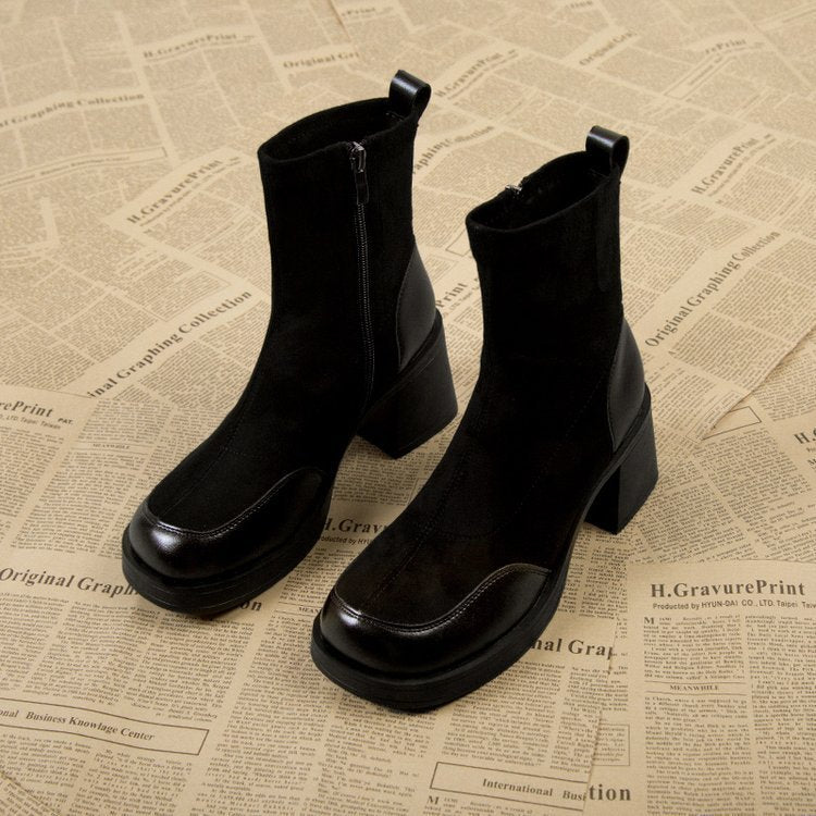 Block Heel Zipper Ankle Boots