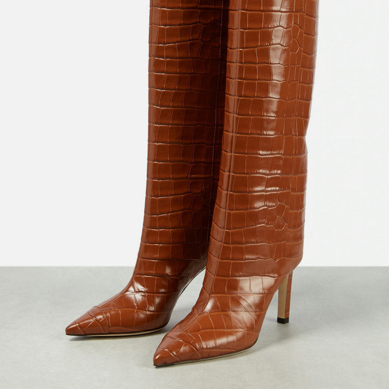 Croc-Embossed Knee-High Boots