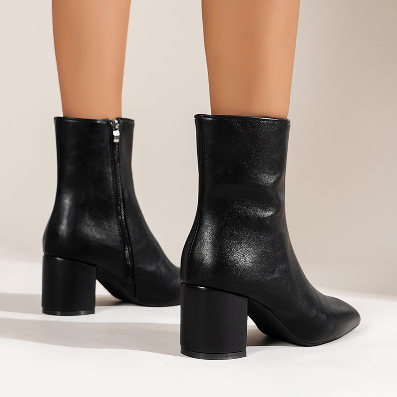 Elegant Block Heel Ankle Boots with Side Zipper