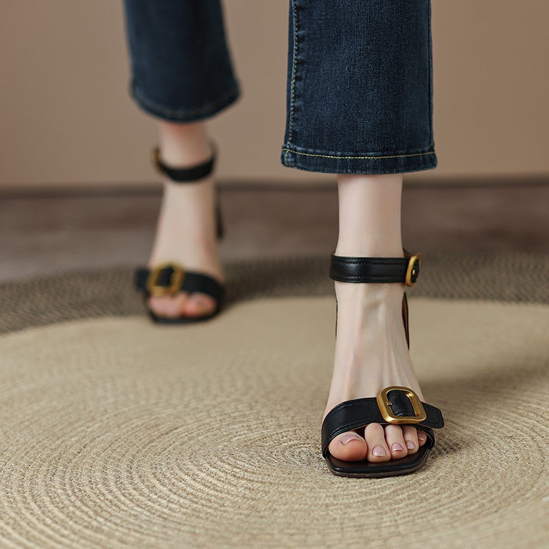 Gold-Buckle Ankle Strap Heeled Sandals