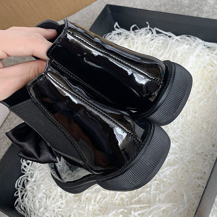 Black Patent Ankle Boots with Bow & Gold Chain