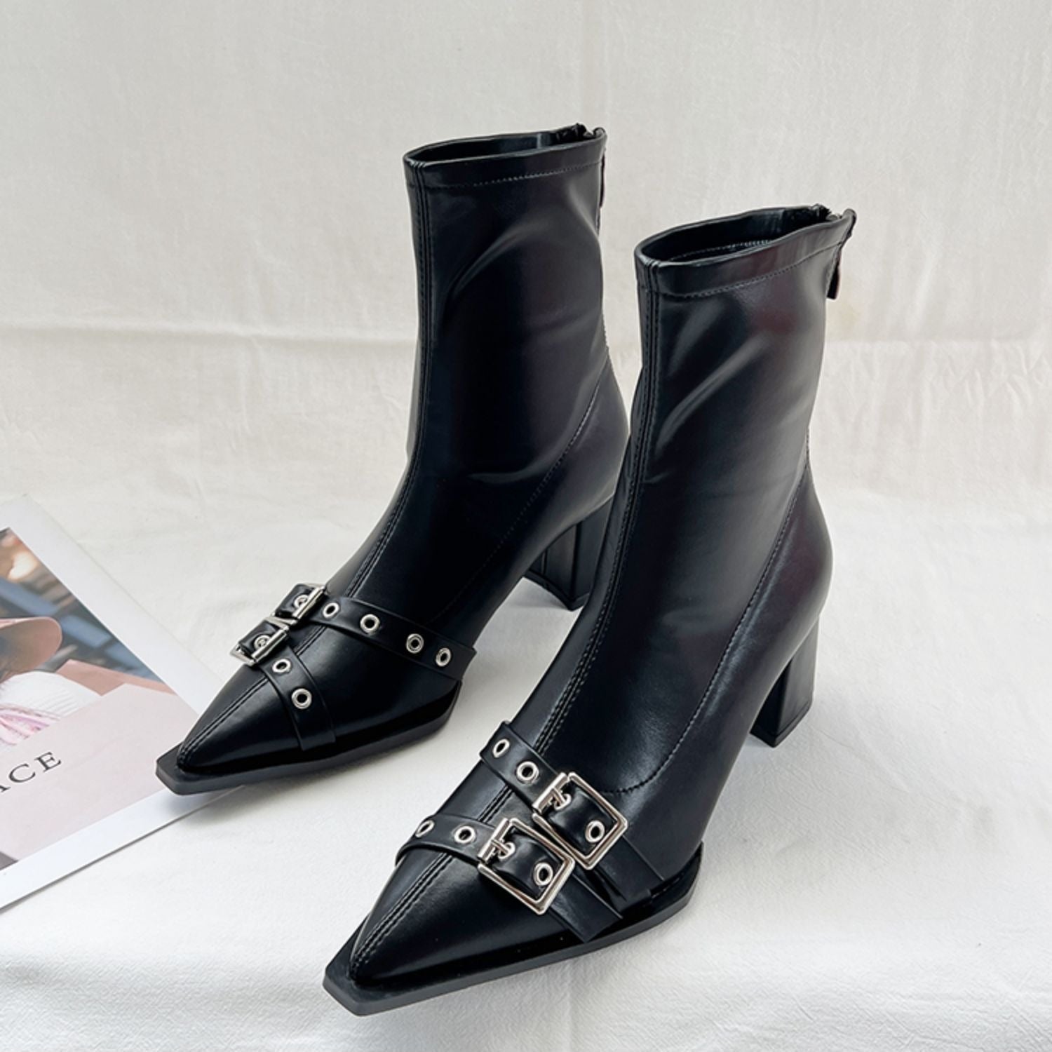 Double-Buckle Pointed-Toe Ankle Boots