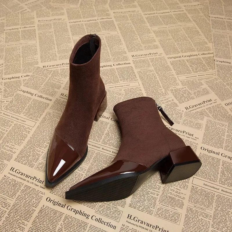 Suede & Patent Leather Pointed-Toe Ankle Boots