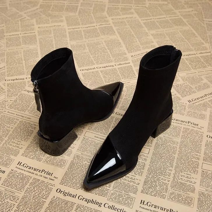 Suede & Patent Leather Pointed-Toe Ankle Boots