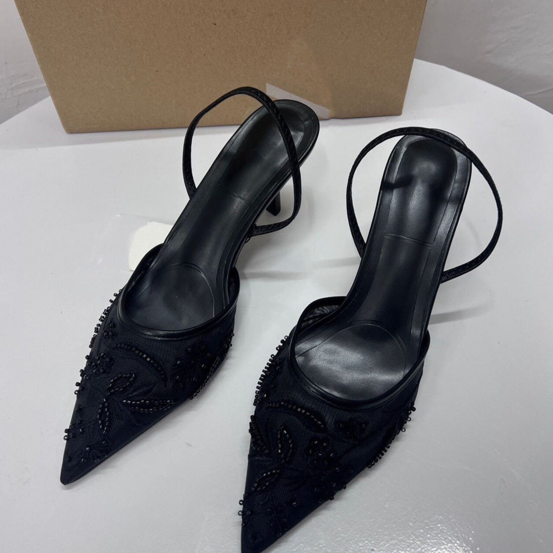 Embroidered Slingback Heels β Beige, Black & White