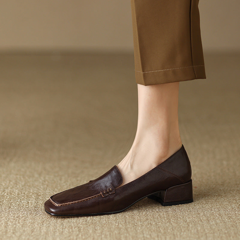 Sheepskin Leather Block Heel Loafers