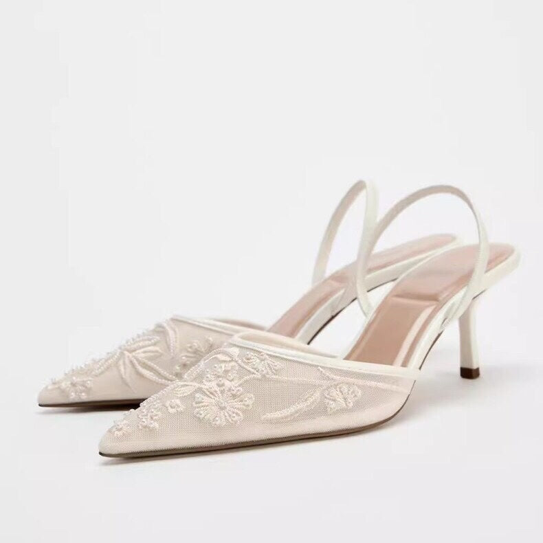 Embroidered Slingback Heels – Beige, Black & White