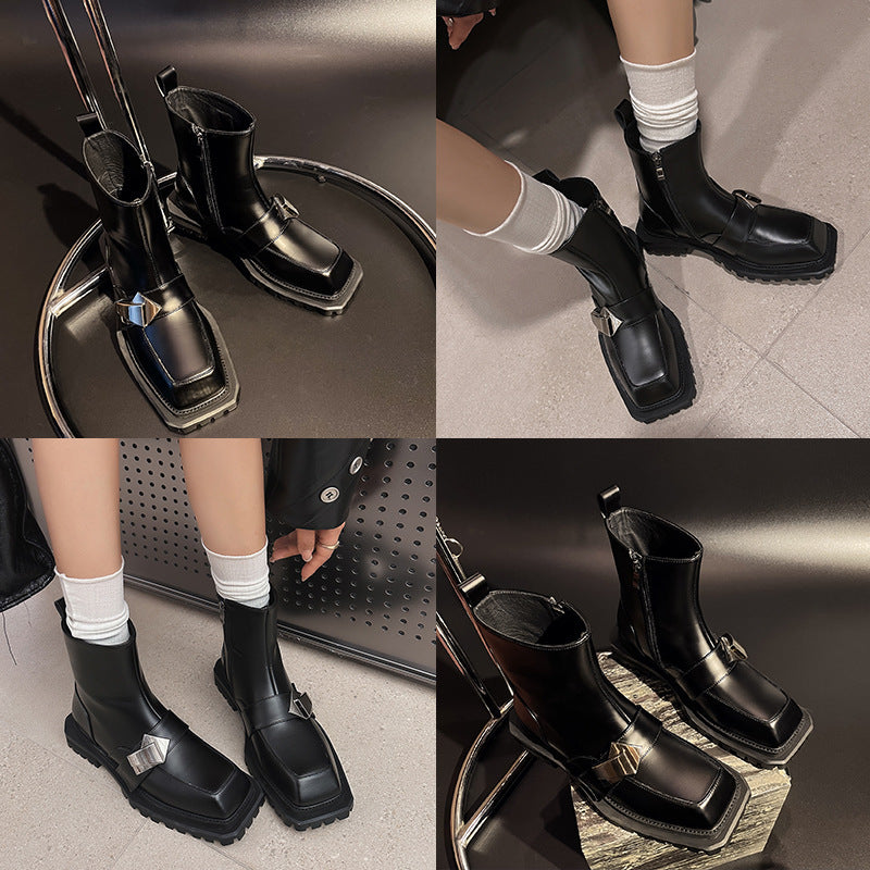 Chunky Square-Toe Ankle Boots – Black
