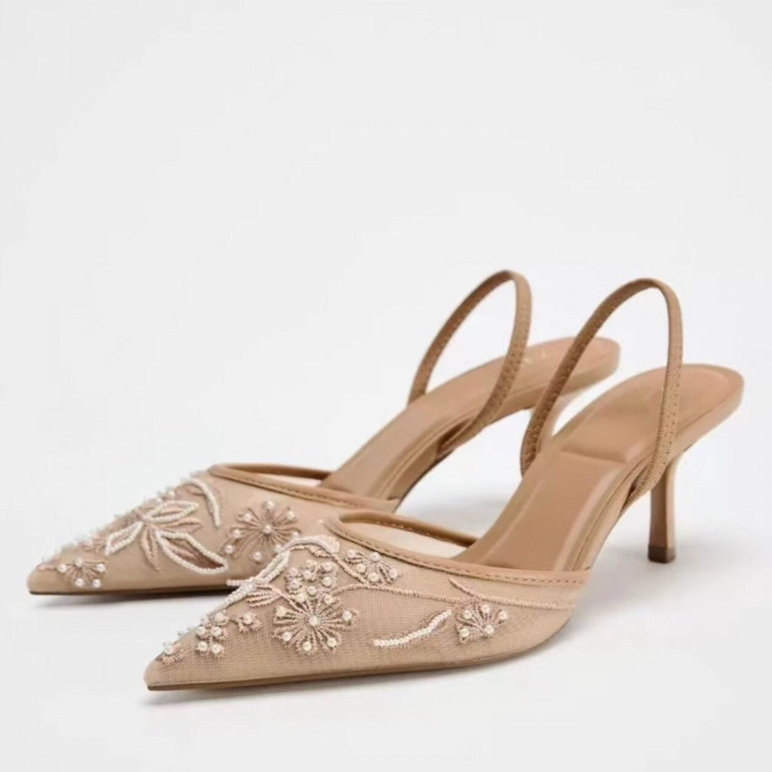Embroidered Slingback Heels – Beige, Black & White