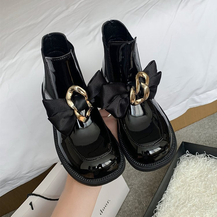 Black Patent Ankle Boots with Bow & Gold Chain