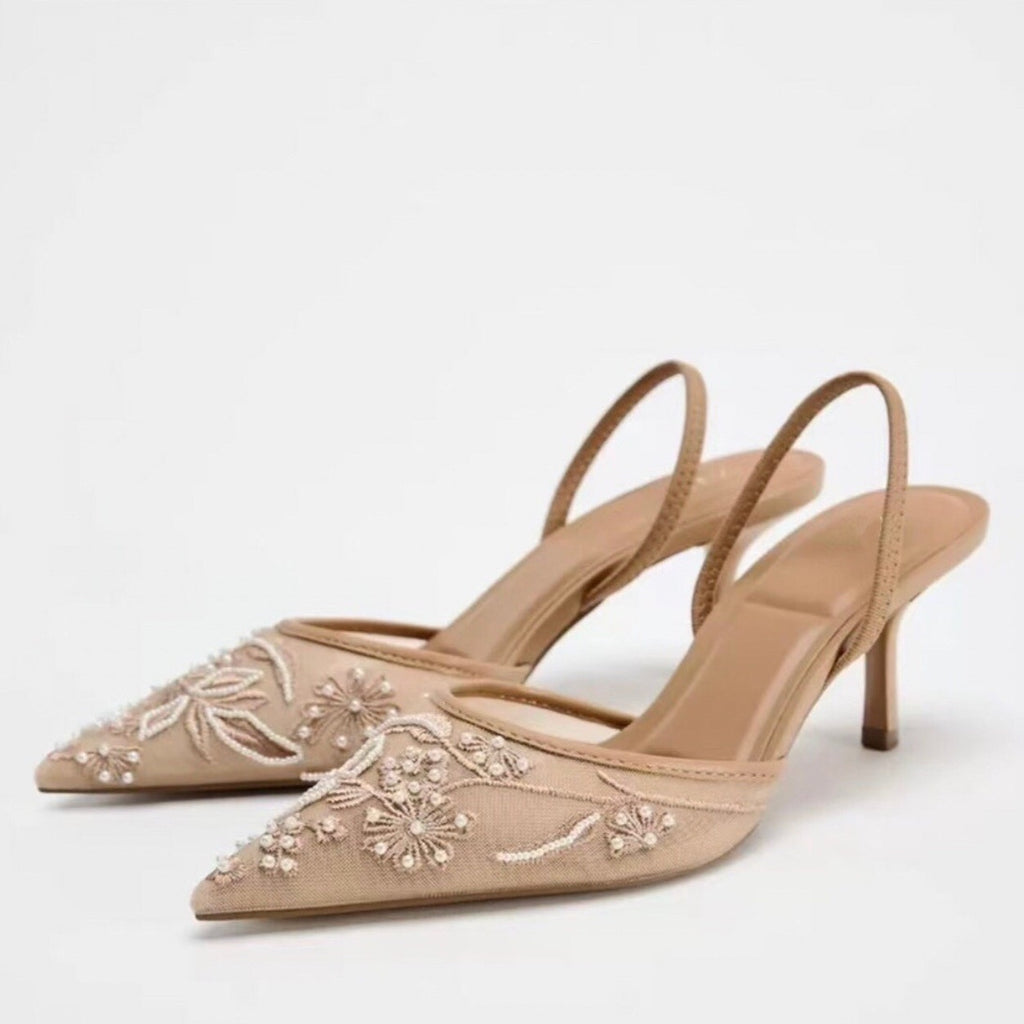 Embroidered Slingback Heels – Beige, Black & White