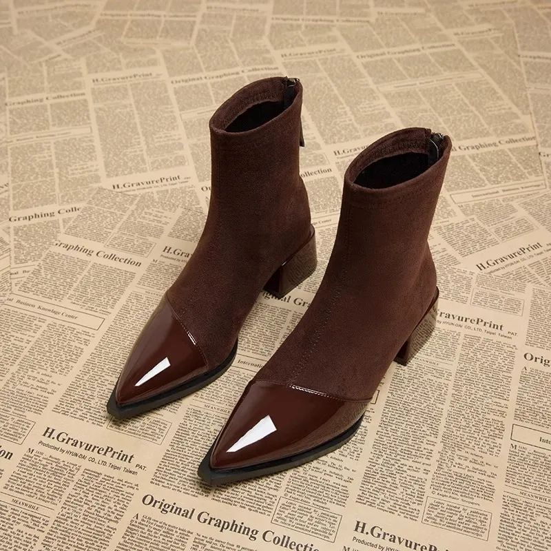 Suede & Patent Leather Pointed-Toe Ankle Boots