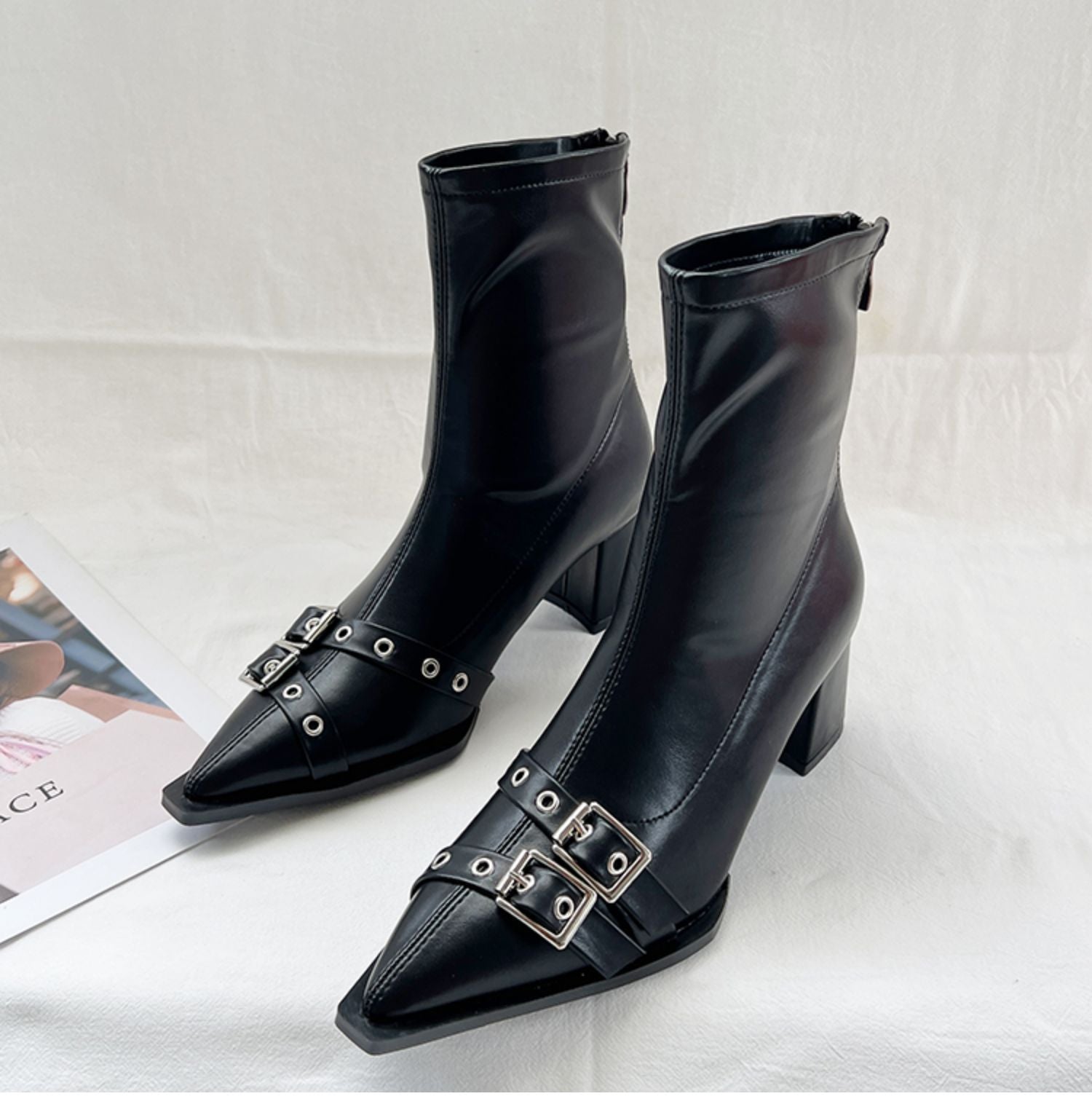 Double-Buckle Pointed-Toe Ankle Boots
