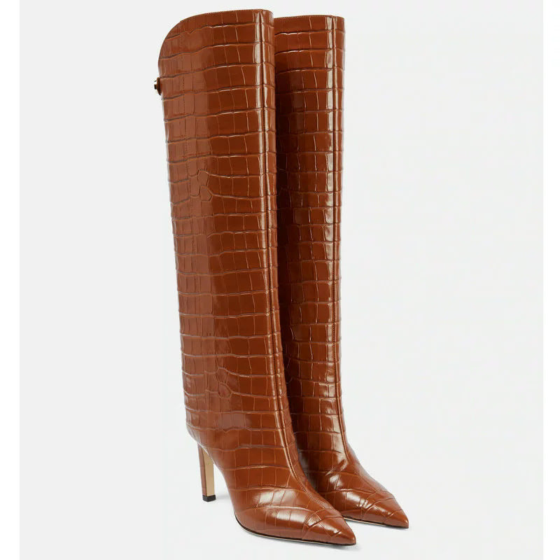 Croc-Embossed Knee-High Boots