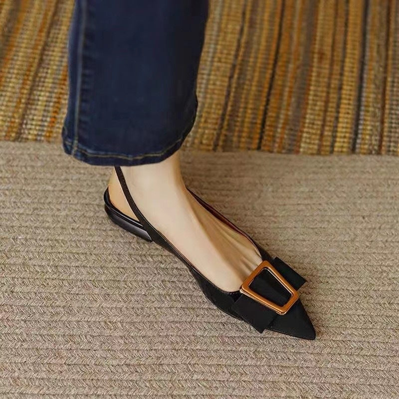 Pointed-Toe Flats with Buckle – Black & Khaki