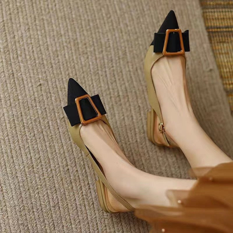 Pointed-Toe Flats with Buckle – Black & Khaki