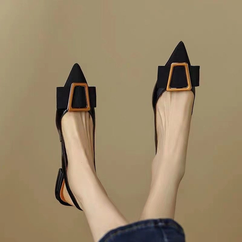Pointed-Toe Flats with Buckle – Black & Khaki