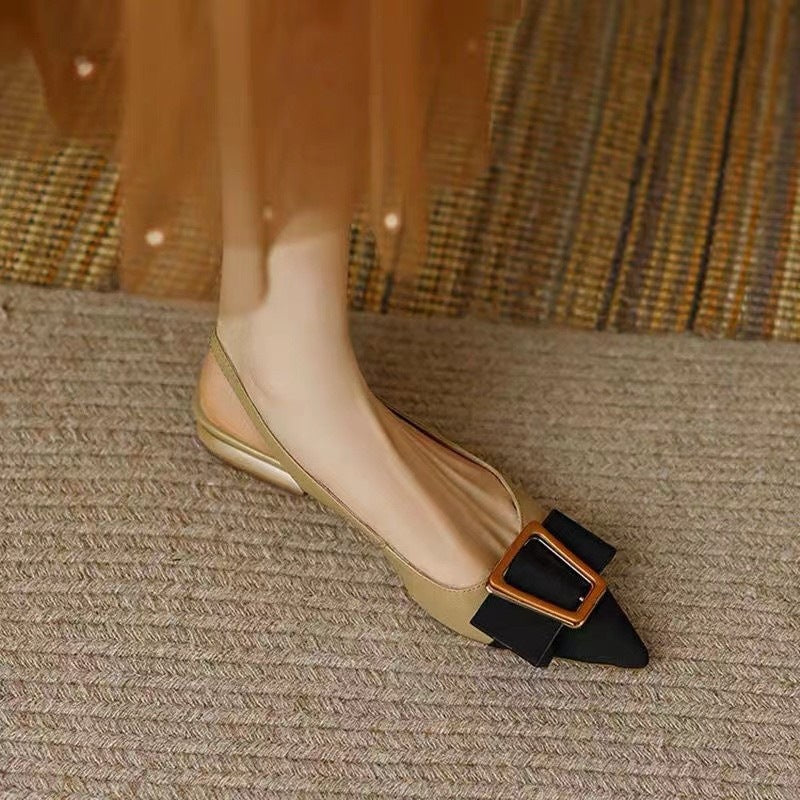 Pointed-Toe Flats with Buckle – Black & Khaki