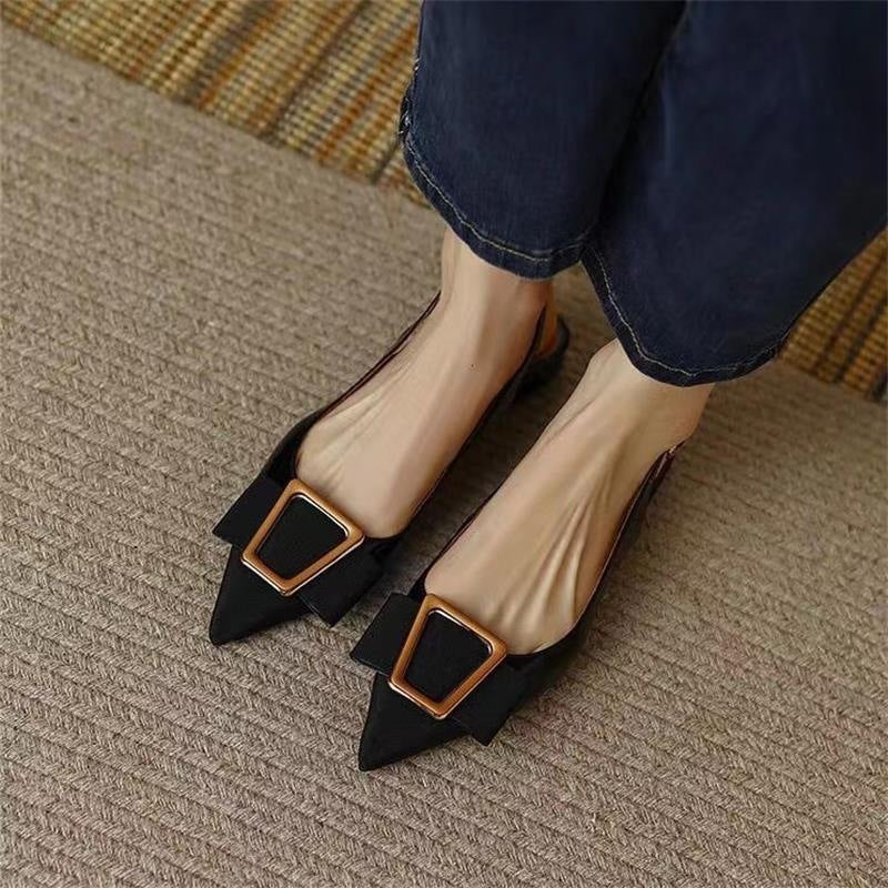 Pointed-Toe Flats with Buckle – Black & Khaki