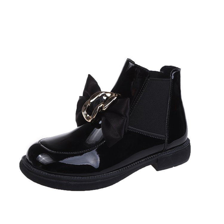 Black Patent Ankle Boots with Bow & Gold Chain