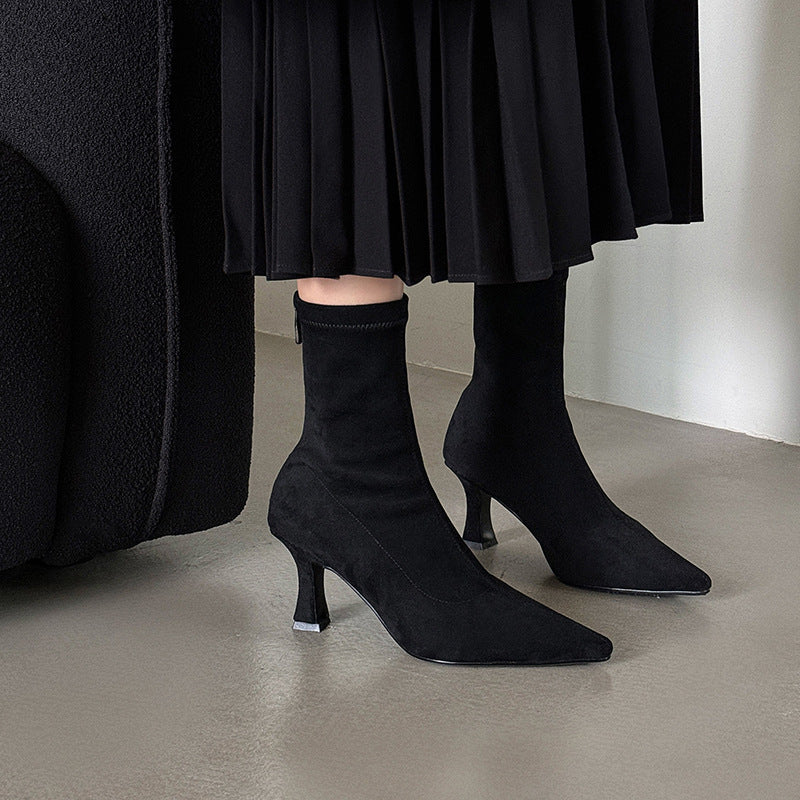 Suede Sock Ankle Boots with Flared Heel