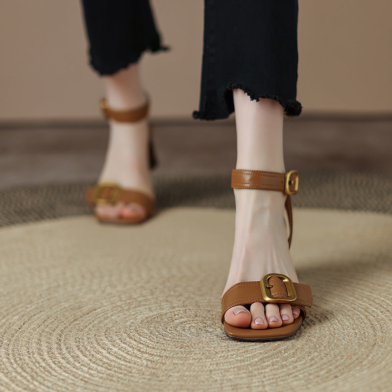 Gold-Buckle Ankle Strap Heeled Sandals