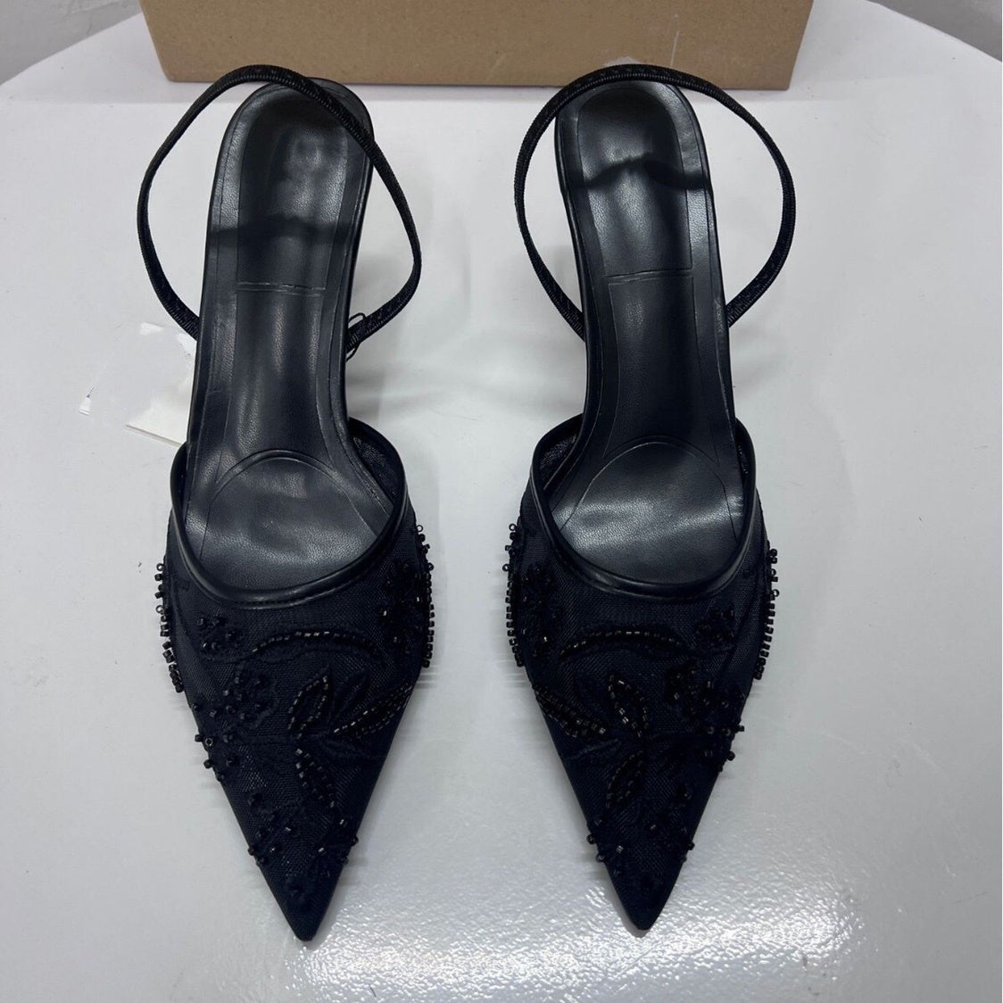 Embroidered Slingback Heels – Beige, Black & White