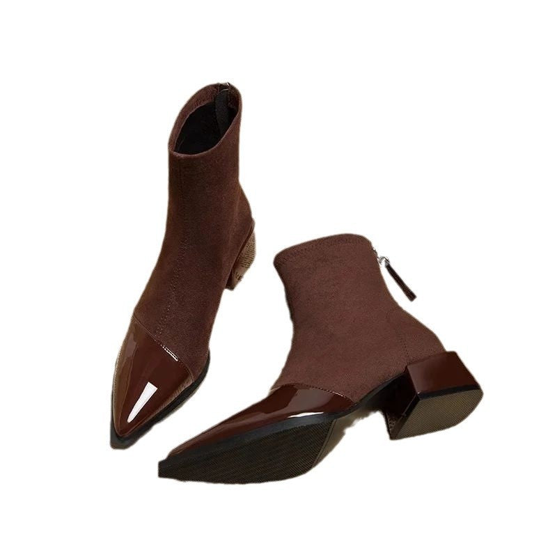 Suede & Patent Leather Pointed-Toe Ankle Boots