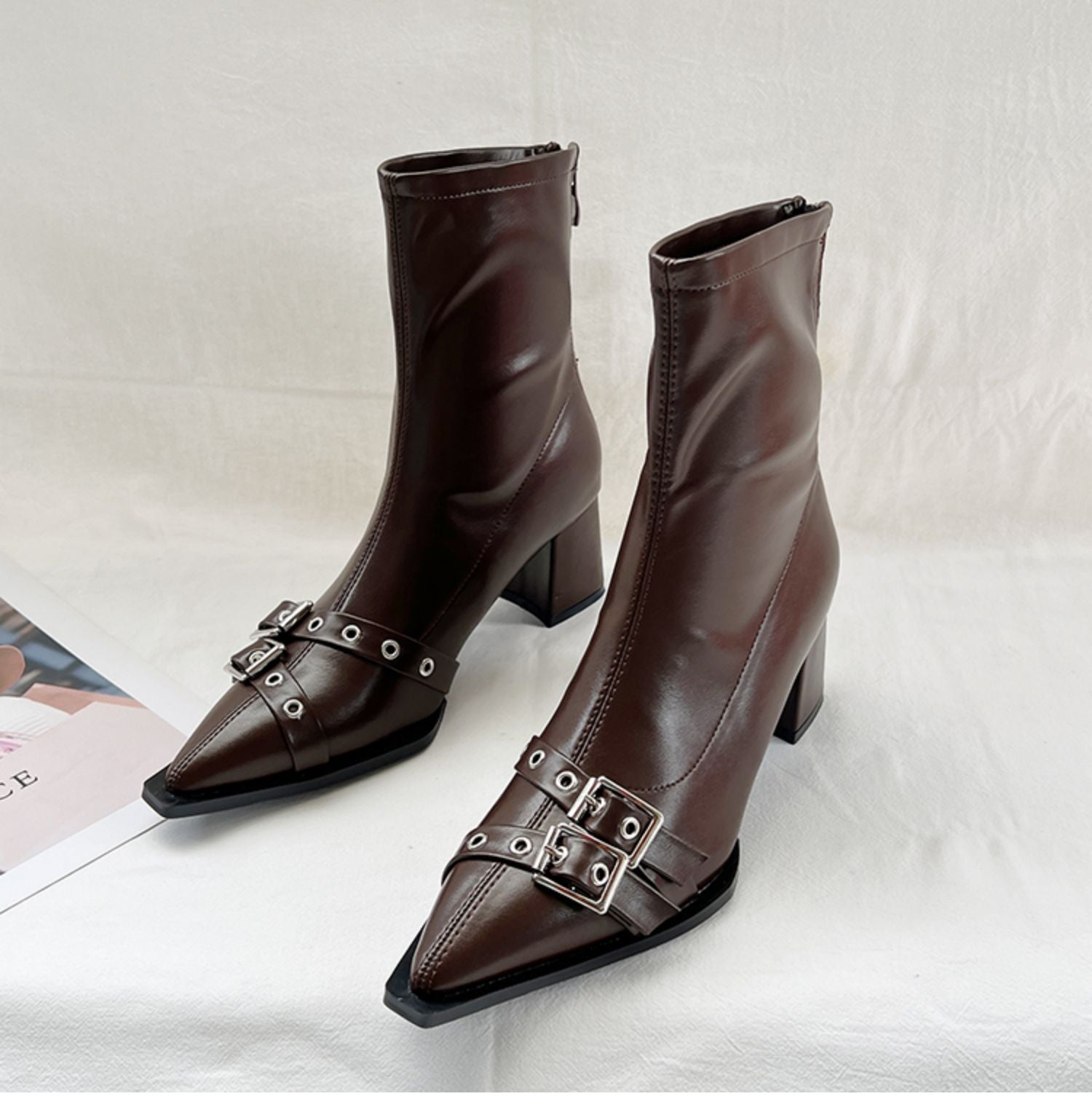 Double-Buckle Pointed-Toe Ankle Boots