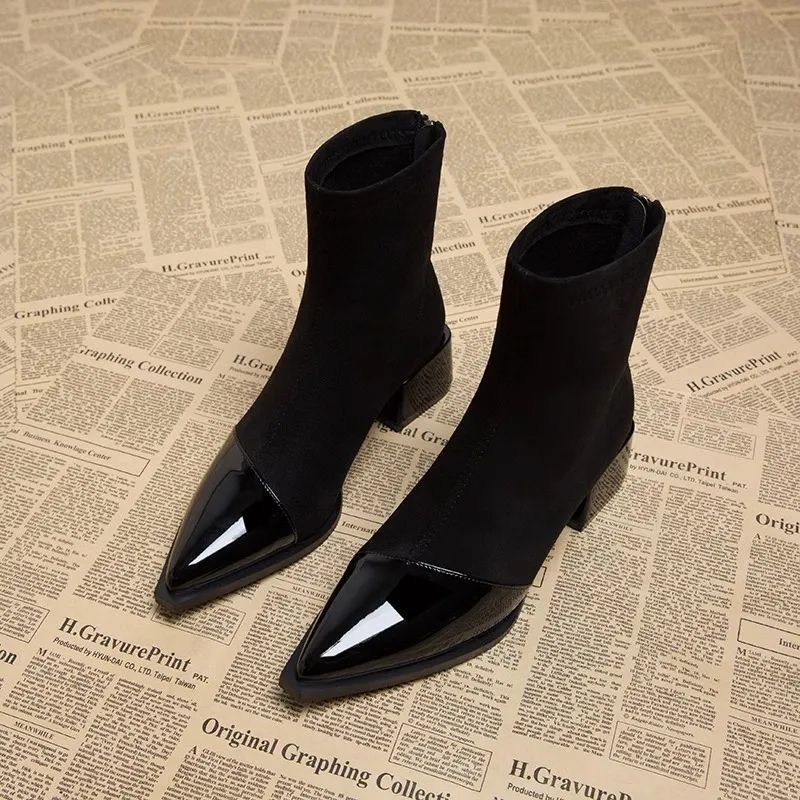Suede & Patent Leather Pointed-Toe Ankle Boots