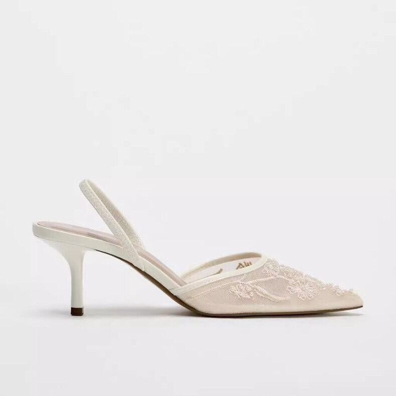 Embroidered Slingback Heels – Beige, Black & White